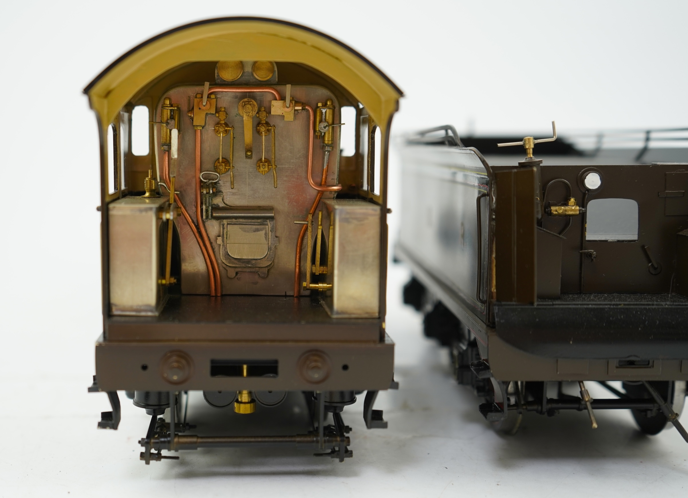 A Gauge One model of North British Railways H Class Auld Reekie 872, 4-4-2 Atlantic tender locomotive, the model has been left unpowered to allow for a high level of detailing of the valve gear and cylinders between the